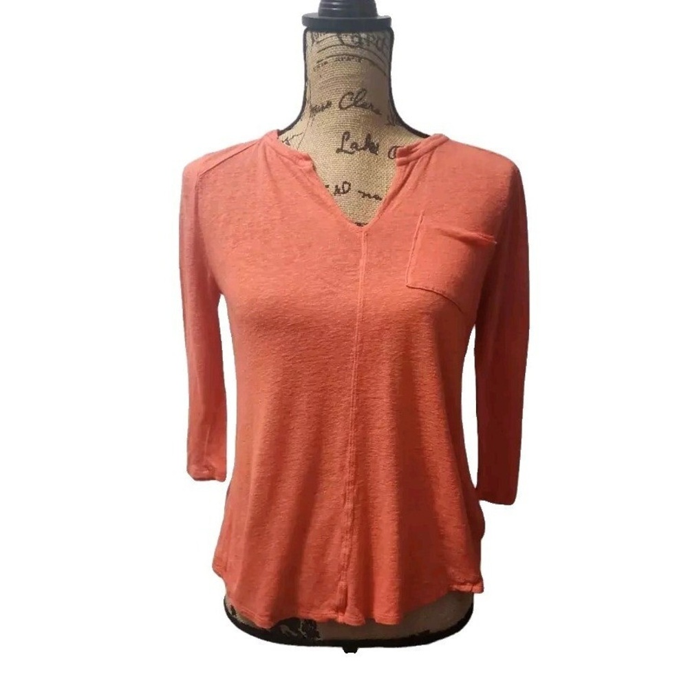 Lucky Brand Women Size S Sandwash‎ Notch Long Sleeve Top Orange